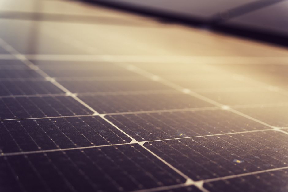 Close up of modern solar panels on a residential roof